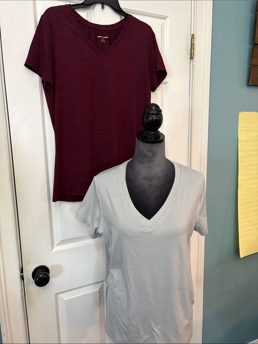 Comfy Women’s V-Neck Short Sleeve Tops- Heather Red and Light Grey